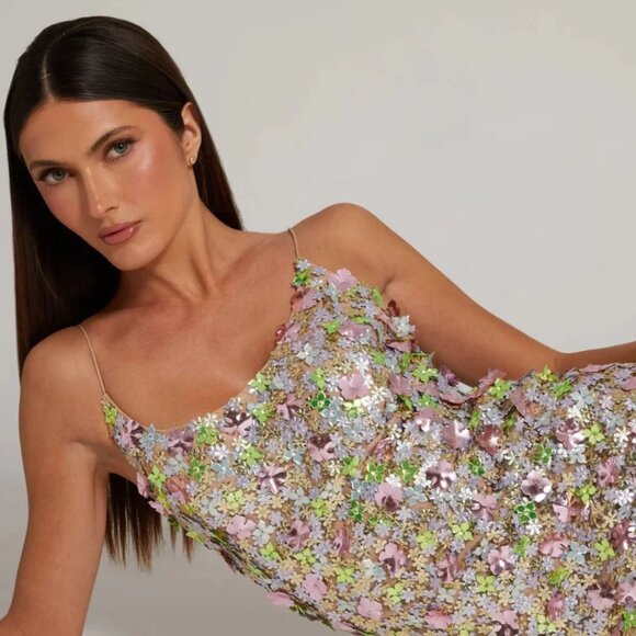 $698 Mac Duggal Size 4 Pink Green Gold Multicolor 3D Floral Long Maxi Gown Dress - Picture 4 of 5